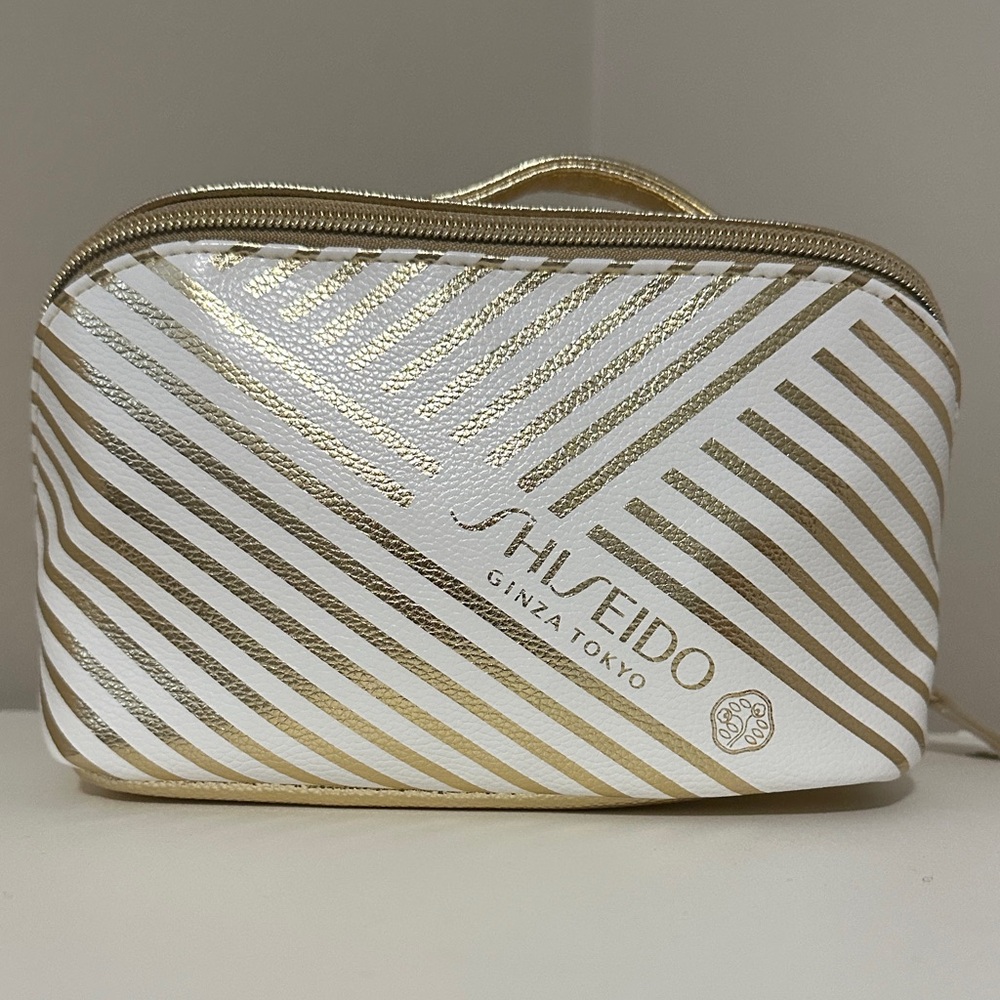 SHISEIDO Gold and White Striped Cosmetic Case- NEW